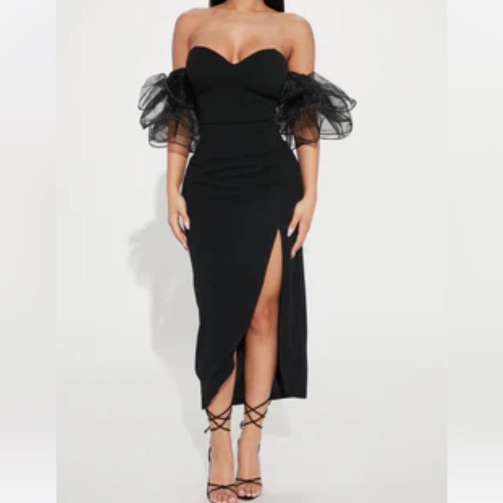 Fashion Nova Black Strapless Dress with Sheer Puff Sleeves